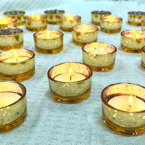 "GOLDEAL 30 Pcs Samll Glass Tealight Candle Holders Speckled Gold Glass-Tea Candle Holders Bulk-Perfect for Weddings, Parties, Dinners - Ideal for 1.5"" Standard Tealights and Candle Moulds???"