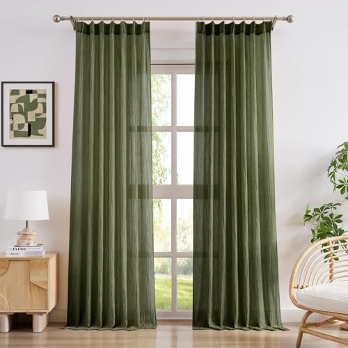 Melodieux Pinch Pleated Sheer Curtains 96 Inches Long, Dark Green Light Filtering Sheer Curtains for Living Room, Back Tab Cotton Drapes for Bedroom Sliding Door, 2 Panels, 40x96 Inch, Olive Green