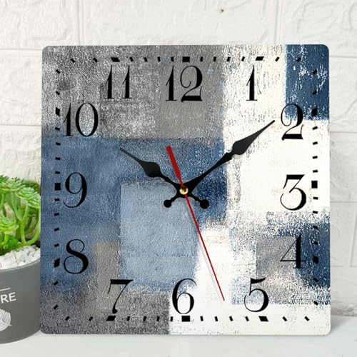 ArtSocket Wooden Wall Clock Silent Non-Ticking, Blue Grey Abstract Painting Gray Contemporary Square Rustic Coastal Wall Clocks DÃcor for Home Kitchen Living Room Office, Battery Operated(12 Inch)