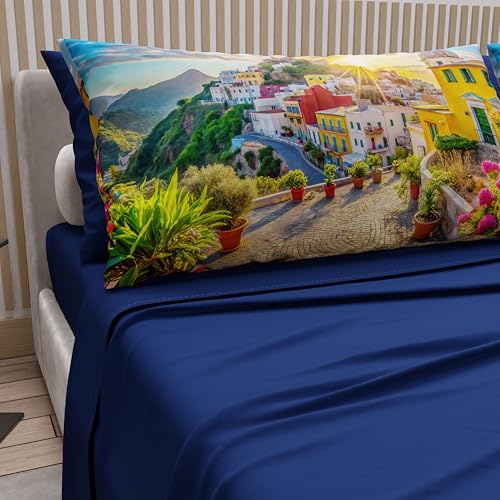 PETTI Artigiani Italiani - Double Bed Sheets Cotton with Pillowcases in Digital Print, Complete Sheet for Double Bed Ischia Design, Electric Blue, 100% Made in Italy