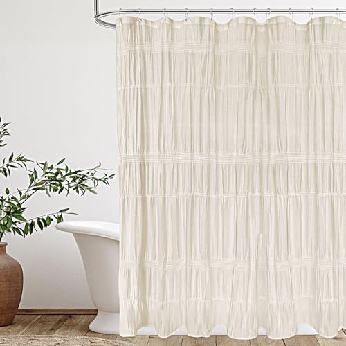 Seasonwood Cream Shower Curtain Rustic Striped Shower Curtain, 72 x 72 - Cotton-blend fabric, pinched pleats, textured woven finish, softly weighted drape for rustic bathroom decor
