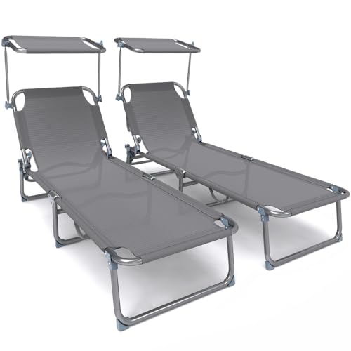 VOUNOT® Folding Sun Loungers Set of 2, Textilene Reclining Sunbed with Adjustable Backrest & Sunshade for Garden, Beach, Patio, Pool, Camp, Load 110 kg, Grey