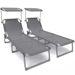 VOUNOT® Folding Sun Loungers Set of 2, Textilene Reclining Sunbed with Adjustable Backrest & Sunshade for Garden, Beach, Patio, Pool, Camp, Load 110 kg, Grey