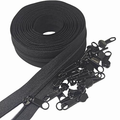 MebuZip #3 Nylon Coil Zippers by The Yard Bulk Zipper Roll Zipper Tape 10 Yards with 25pcs Pulls for Sewing Tailor DIY Craft Bags Pillows (Black 10Yards)