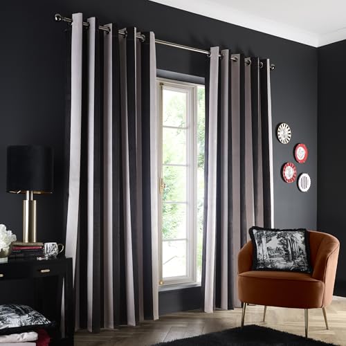 Laurence Llewelyn-Bowen Eyelet Curtains, Living Room, 168 x 137cm, Black, Recycled Polyester, Blackout, Thermal Insulated, Velvet, Striped