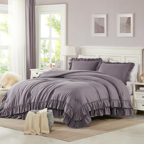 Cupocupa Purple Comforter Set ??? Twin XL Ruffle Farmhouse Bedding Set ??? Shabby Chic Fluffy Comforter for All Seasons ??? Includes Comforter & 1 Pillow Sham (Purple, Twin XL/Twin)