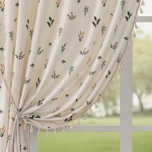 "F-CHU Orange Floral Curtains 84 Inch Length 2 Panels Set Living Room Floor Length Drapes Bedroom Boho Farmhouse Window Curtain Panels Rod Pocket Tassel Dining Room Window Treatments 55"" W x 84"" L"