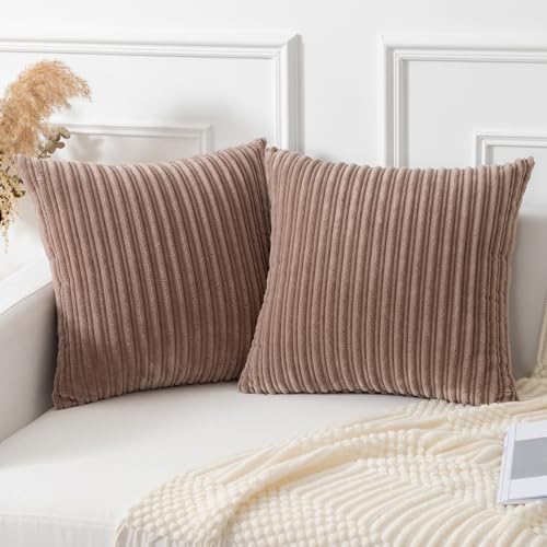 Kevin Textile Throw Pillow Covers Soft Corduroy Decorative Set of 2 Boho Striped Pillow Covers Pillowcases Farmhouse Home Decor for Couch Bed Sofa Living Room 18x18 Inch Light Brown