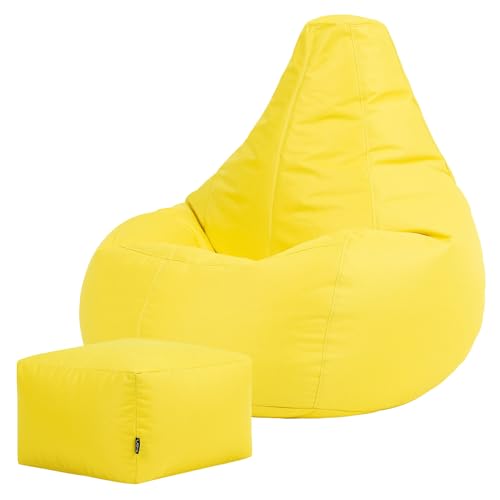 Bean Bag Bazaar Dalton Outdoor Bean Bag and Footstool, Yellow, Garden Chair and Footstool, Water Resistant Fabric, Gaming Beanbag with Filling Included, Garden Seat, Outdoor Seating