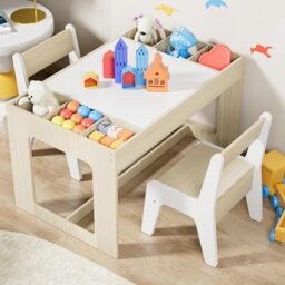 Clevich Kids Wooden Table and 2 Chairs Set with Storage Space and Reversible Tabletop, Kids Activity Table for Eating, Crafting and Playing, Toddler's Desk for Children's Room, School, Daycare