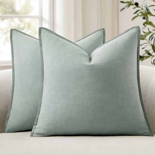 ANRODUO Pack of 2 Decorative Linen Pillow Covers Aqua Green Euro Sham Neutral Farmhouse Boho Soild Cushion Case Soft Accent Pillowcase for Couch Sofa Bedroom Living Room Home Decor 22 x 22 Inch
