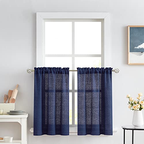 Melodieux Navy Semi Sheer Tier Curtains 36 Inch Length for Kitchen Cafe Bedroom Small Windows, Linen Look Rod Pocket Short Curtain Tiers Voile Drapes, 2 Panels