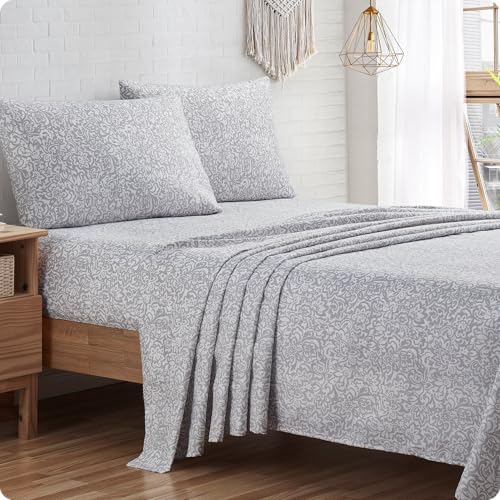 Indigo Ink - King Size Sheet Set, 4-Piece Boho Floral Damask Patterned Bedding, Soft & Wrinkle Resistant (Tufted Medallion Collection, Grey)