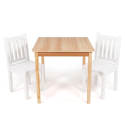 Humble Crew Kids Wooden Table and 2 Chairs Set for Children and Toddlers - Square Activity Table & Chair Set for Arts, Crafts and Snack Time - Natural Wood/White