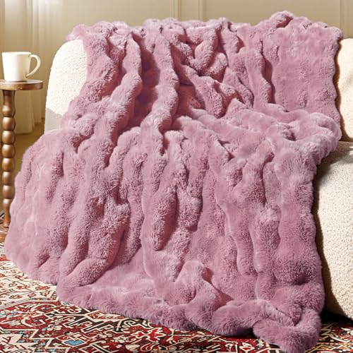 blunique Faux Rabbit Fur Throw Blanket ??? Ultra Soft, Fluffy & Warm Decorative Blanket for Couch, Sofa, or Bed ??? 50x60 Inches, All-Season Cozy Gift, Pink