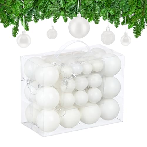 Relaxdays Christmas Baubles, Set of 50, Tree Ornaments, Holiday Decorations, Plastic, Glittery, Matte & Shiny, White