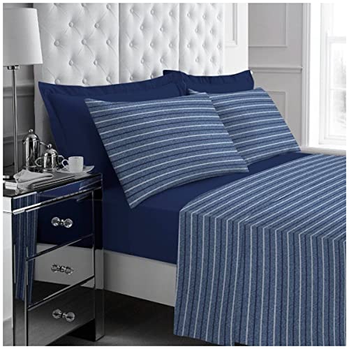 GC GAVENO CAVAILIA Super Soft Striped Flat Sheets, Plain Fitted Sheet With Pillowcases, Easy Care Thermal Double Bedsheets, Navy