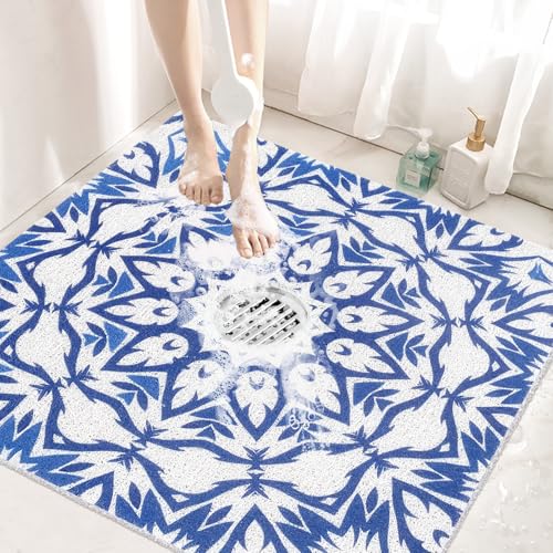 Square Shower Mats Non Slip: 32x32 Inch Extra Large Shower Mat with Drain Hole in Middle, Soft PVC Anti Slip Shower Mats for Inside Shower, Quick Drying Loofah Bath Mats for Shower and Bathroom