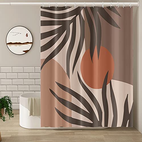 Umpoo Abstract Mid Century Shower Curtain Boho Brown Leaves Chocolate Sun Shower Curtain for Modern Minimalist Aesthetic Bathroom Decor Waterproof Polyester with Hooks, 72x96 Inch