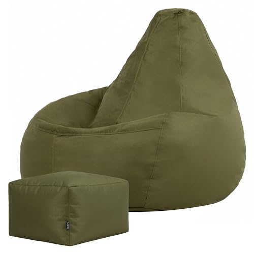 Bean Bag Bazaar Dalton Outdoor Bean Bag and Footstool, Khaki Green, Garden Chair and Footstool, Water Resistant Fabric, Gaming Beanbag with Filling Included, Garden Seat, Outdoor Seating