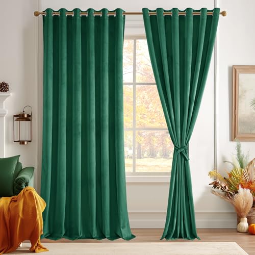 JIUZHEN Green Velvet Curtains 108 inches for Living Room - Thermal Insualted Room Darkening Grommet Thick Velvet Window Drapes for Bedroom/Dining Room, Set of 2 with Tiebacks, W70 x L108