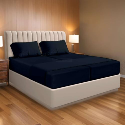 Ready To Rest Split California King 5 Piece Sheet Set- 100% Egyptian Cotton- 400 TC- Deep Pocket- Adjustable Bed- Navy Blue Solid