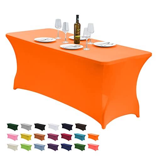 "CWK 6FT Spandex Fitted Tablecloth,Rectangular Table Cover,Light Orange - Fits 72x30"" rectangular folding tables.Wrinkle & stain resistant stretch fabric.Ideal for parties,weddings & vendor events"