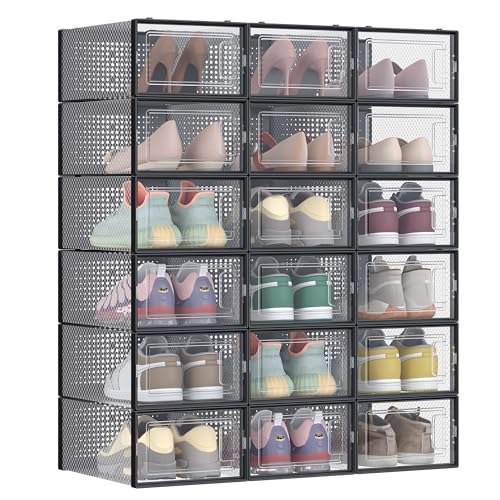 SONGMICS Shoe Boxes, Pack of 18 Stackable Shoe Storage Organisers - Foldable and Versatile for Sneakers, Fit up to UK Size 8, Ink Black, Dennys Collection LSP18SBKV1