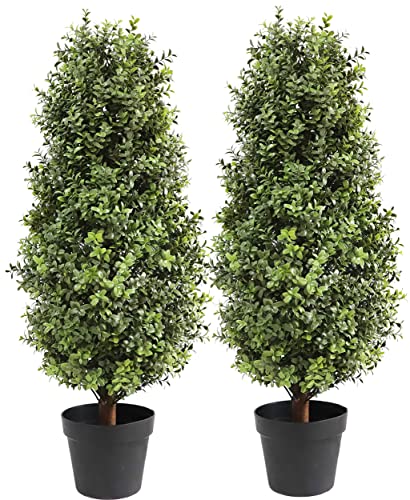 Artificial Topiary Boxwood Tree,Faux Shrub,Includes Black Plastic Pot,2 Packs Fake Trees,Home Decor for Indoor and Outdoor,Faux Plants Outdoor,Artificial Greenery Set,35inch