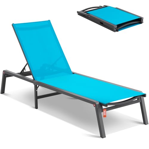 VEVOR Chaise Lounge Chairs Outdoor, Aluminum Patio Lounge Chairs with Adjustable 5-Position, Folding Pool Lounge Chairs Recliner and Full Flat Tanning Chairs for Patio, Beach, Pool, Blue, 2 pcs