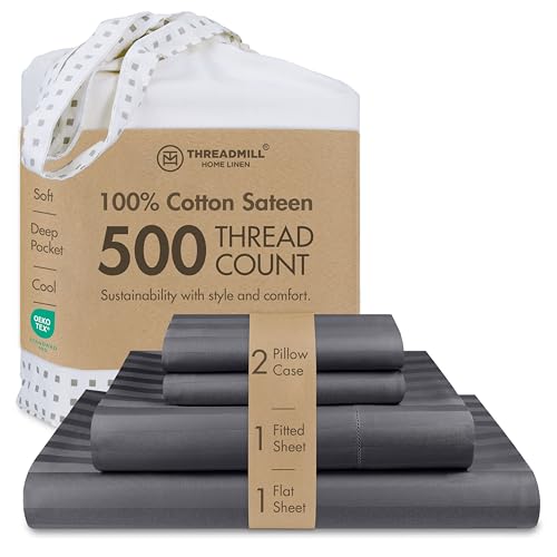 "Threadmill 500 Thread Count King Size Damask Stripe, 4 Piece Cotton Sheet Set, Silky Soft & Breathable Dark Grey Sheets with 16"" Elasticized Deep Pocket, 2 Pillowcases & Free Tote Bag"