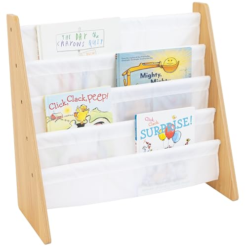Humble Crew Children’s & Toddler Wooden Bookshelf - 4 Tier Kids Book Storage with Forward Facing Display, Deep Fabric Pockets - Natural Wood/White
