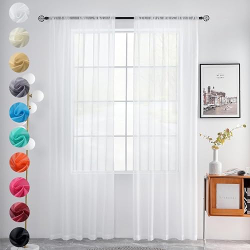 youleyar Solid Sheer Rod Pocket Curtain Voile Draperies 2 Panels White Beige Black Grey Coffee 60 Inch Width 72 Inch Long 1 Pair for Kitchen Bedroom Children Living Room Yard(White,60W???72L)