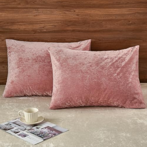 "PHF Truly Velvet Pillowcases King Size, No Insert, 2 Pack Ultra Soft Breathable Pillow Shams Covers with Envelope Closure, 20"" X 36"" Luxury Cozy Warm Fuzzy Flannel Pillow Cases, Pink"
