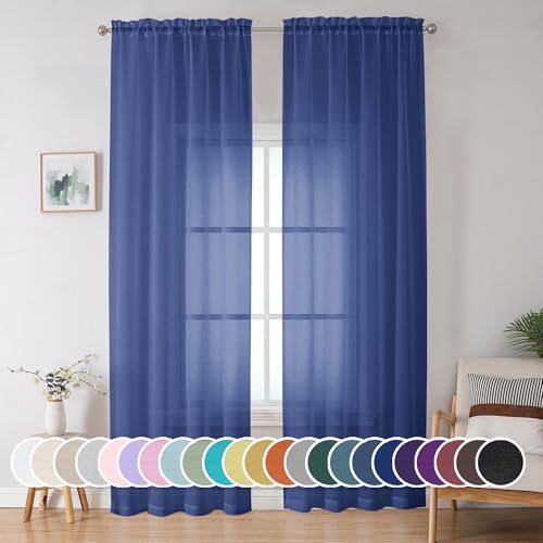 "OWENIE Blue Sheer Curtains 96 Inch Long 2 Panels Set, Light Filtering Rod Pocket Soft Clear Sheer Curtain for Bedroom/Living Room, 2Pcs, Each 42"" W x 96"" L, Royal Blue"