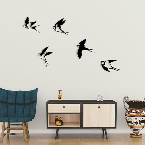 Elegant Black Decorative Metal Wall Accessory Set (5 Pieces), 100% Metal, 1.2 mm Thickness, Unique Bird Designs for Stylish Home Decor