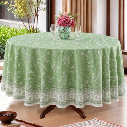 Ridhi Round Tablecloth Hand Block Print 100% Cotton Reusable Pear Green 132 Inch Table Cover Decorative Everyday Use for Dining, Home, Party, Wedding, Farmhouse, Party Gift for Spring, Mother's Day