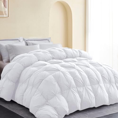 "SNOWMAN Premium Down Comforter Cal King Size, Luxurious All Season Duvet Insert with Cotton Blended Fabric, 48oz Fill Weight Pinch Pleat Design Hotel Bedding Comforter (White,108""x98"")"