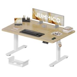 JUMMICO Height-Adjustable Desk 140 x 70 cm with Cable Tray, Height-Adjustable Electric Standing Desk with USB Socket, Computer Desk, Ergonomic Standing Seat Table, Office Table, Beige