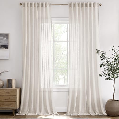 Cream Natural Linen Curtains 80 inches Long 2 Panels for Living Room Semi Sheer Light Filtering Window Drapes with Back Tab Burlap Textured Modern Farmhouse Coastal Curtains for Dining Room Office