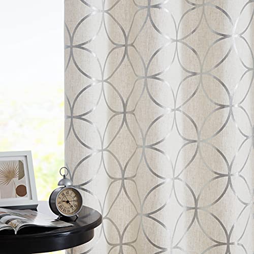 "SXZJTEX Linen Window Curtains Panels Silver Foil Print Geometric Pattern Window Treatments for Bedroom Living Room, Light Reducing Grommet Top Drapes, 2 Panels, 55""W x 63""L"