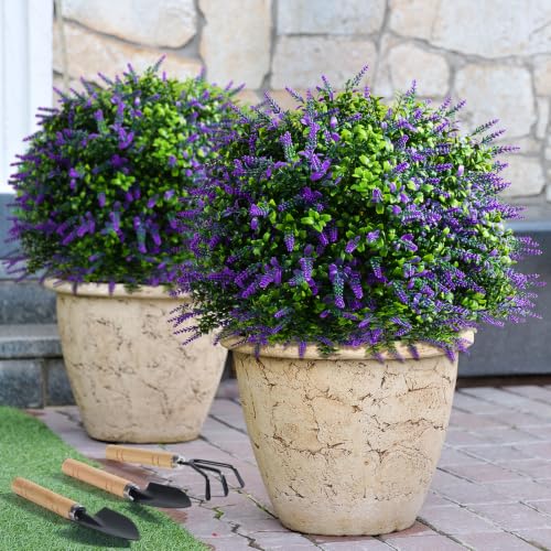 CAZZOVA Artificial Lavender Topiary Ball - Tree for Outdoors with Garden Tools - 2 Pack of 24'' Fake Outdoor Boxwood Bushes & Shrubs for Planters with Ground Spike - Faux Evergreen Trees UV Resistant