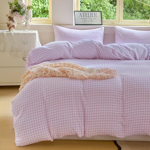 NSNLGSGC Pink Gingham Duvet Cover Set King, Grid Simple Geometric Square Pattern Comforter Cover,Soft Plaid Washed Microfiber Bedding Cover(3PCS,King)