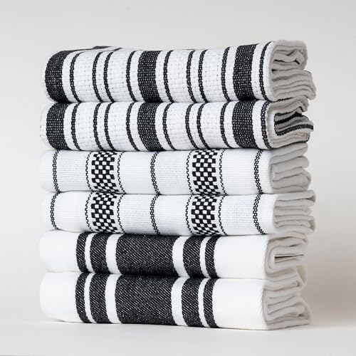 Casa De Lan Kitchen Towels Set ??? Pack of 6 (20?????? x 30??????) Extra Large Premium Cotton Dish Towels for Kitchen ??? Highly Absorbent ??? 100% Cotton ??? with Hanging Loop ??? Black Check Design