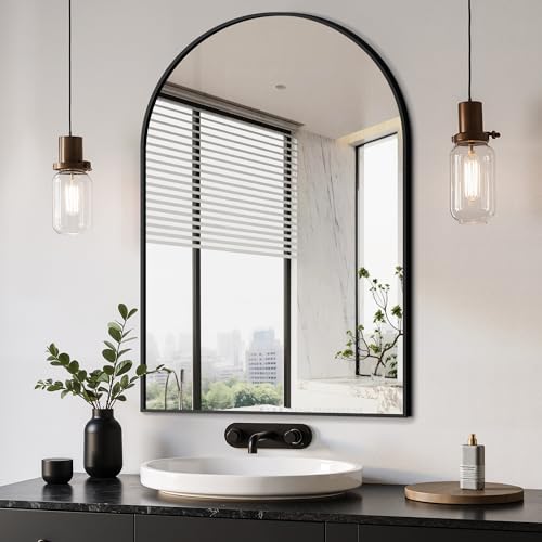 "Delma Arched Bathroom Mirror, 24""x36"" Wall Mounted Vanity Mirror for Bedroom, Living Room and Entryway, Black"