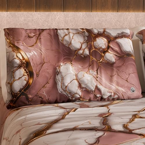 PETTI Artigiani Italiani MARBLELIZED – Pair of Pillow Cases for Bed 50 x 80 cm, Printed Front/Back, Pillow Cases, Pair of Elegant Pillowcases, Marble Effect Mauve, Gift Idea, 100% Made in Italy