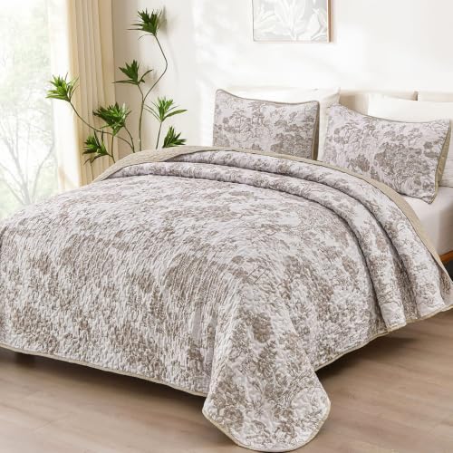 "WONGS BEDDING Botanical Quilt Set King, Floral 3 Pieces Khaki Plants Printed Bedspread Bedding Set Brown Soft Lightweight Microfiber Coverlet Set for All Season (104""x90"")"