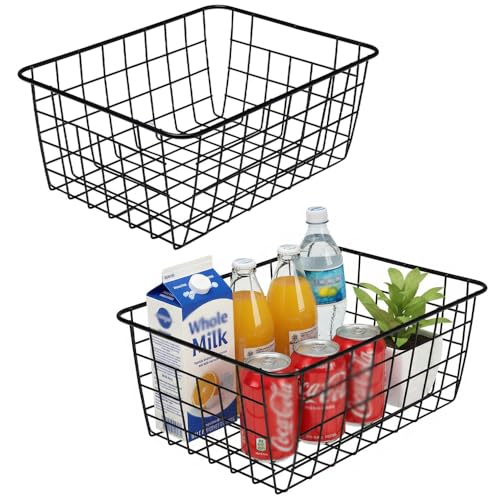 LeleCAT Bin Baskets with Handles Wire Storage Organizer Baskets, Household Refrigerator for Cabinets, Pantry, Closets, Bedrooms - Set of 2???Black???
