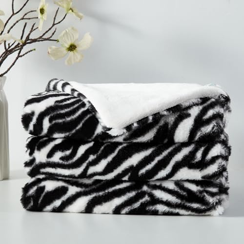 DREAMNINE Luxury Animal Faux Rabbit Fur Blanket, 130 x 150 cm,Zebra - Premium fluffy faux???rabbit???fur throw with vivid brown cheetah & leopard print. OEKO???certified skin???friendly, machine???washable