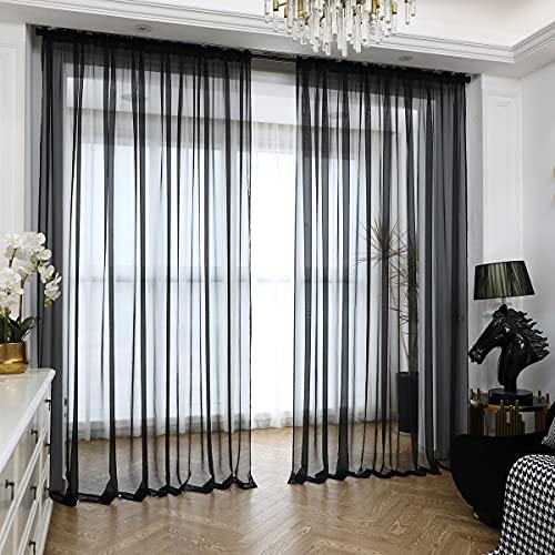L&TEC Window Black Sheer Curtains 60 Inches Width 45 Inches Long 2 Panels Sheer Curtains Clear Curtains Basic Rod Pocket Panel for Home Living Room Bedroom Kids Room Yard Patio Parlor Sliding